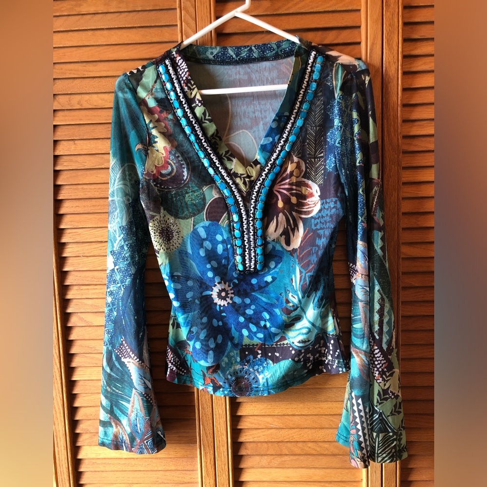 Boho V-Neck Long Sleeve Floral Top in Teal Blue